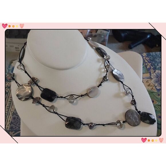 Handcrafted Abalone~MOP~Rulite Quartz~Crystal Long Knotted String Necklace - Picture 2 of 3